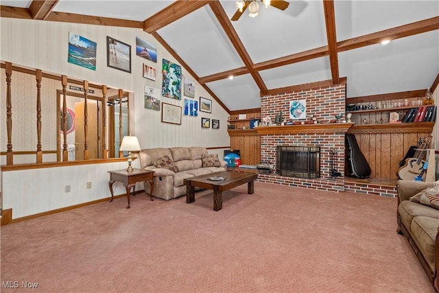 41972 Griswold Rd, Elyria, OH 44035 - living area featuring a ceiling fan, a brick fireplace, carpet flooring, and baseboards