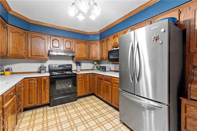 41972 Griswold Rd, Elyria, OH 44035 - kitchen featuring black appliances, under cabinet range hood, brown cabinetry, light floors, and light countertops