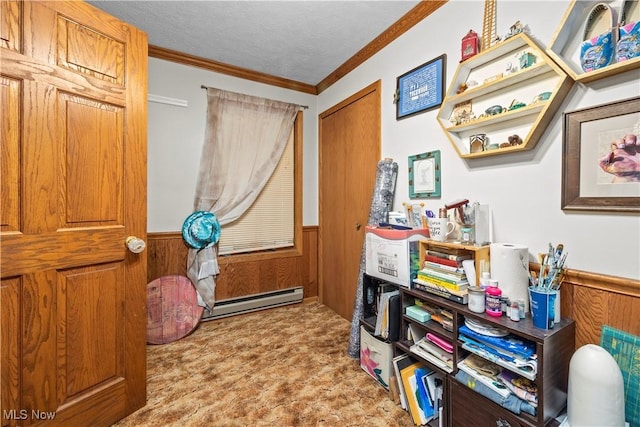 41972 Griswold Rd, Elyria, OH 44035 - office featuring a baseboard radiator, wainscoting, ornamental molding, carpet flooring, and wooden walls