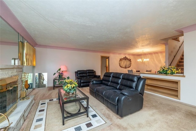 2639 Whiton Rd, University Heights, OH 44118 - living room featuring light carpet, a fireplace, a chandelier, a textured ceiling, and stairway