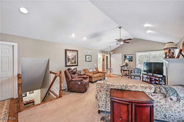 living area with carpet floors, vaulted ceiling, ceiling fan, and recessed lighting