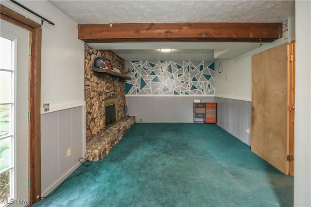 4217 State Route 82, Mantua, OH 44255 - basement with carpet floors, a textured ceiling, wainscoting, and a fireplace