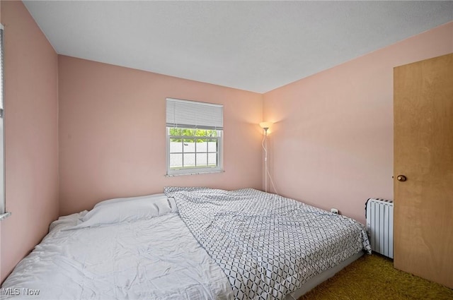 bedroom featuring radiator heating unit and carpet