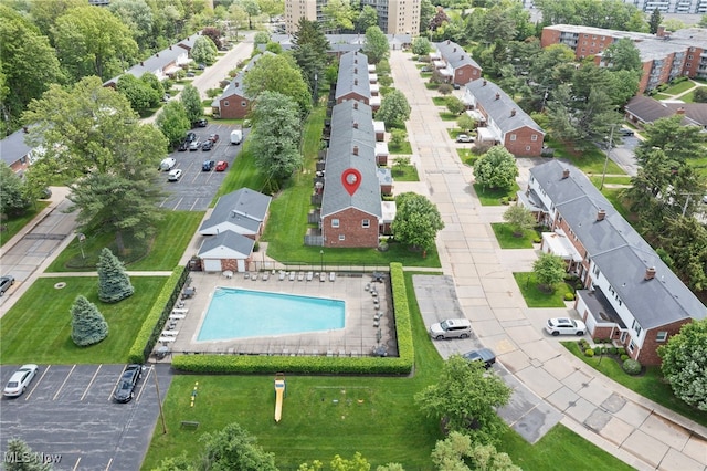 aerial view of a pool area