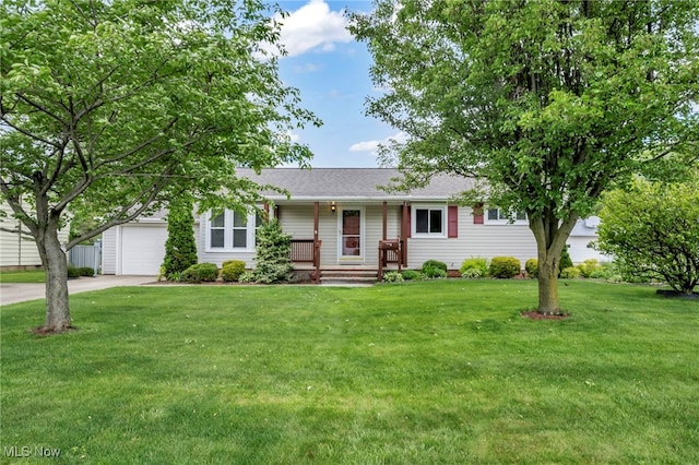 6795 Charles Rd, North Olmsted, OH 44070 - single story home with concrete driveway, a garage, a front lawn, a porch, and a shingled roof