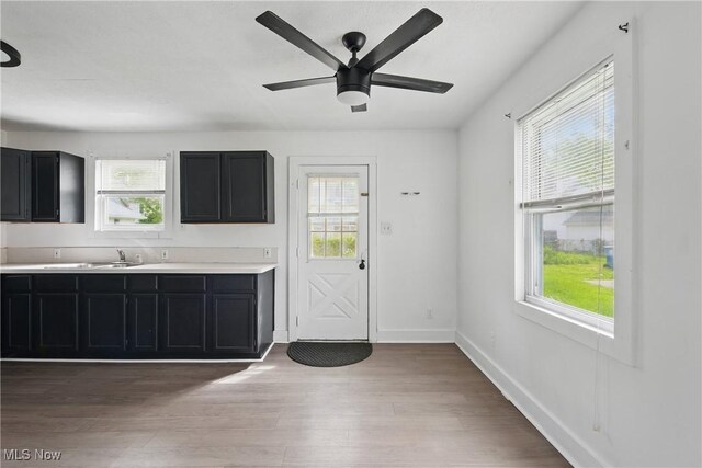 423 Kansas Ave, Lorain, OH 44052 - kitchen featuring dark cabinetry, light wood-style floors, ceiling fan, and light countertops