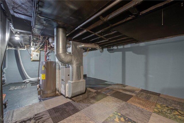 423 Kansas Ave, Lorain, OH 44052 - unfinished basement featuring electric water heater, heating unit, and electric panel