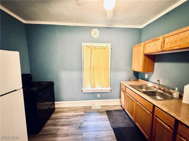 6815 Lawn Ave, Cleveland, OH 44102 - kitchen with a sink, freestanding refrigerator, electric range, dark wood finished floors, and a ceiling fan