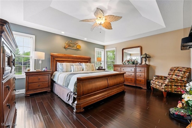6868 Twin Oaks Ct, Canfield, OH 44406 - bedroom featuring a tray ceiling, multiple windows, dark wood-style floors, recessed lighting, and ceiling fan