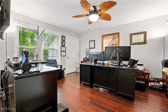 6868 Twin Oaks Ct, Canfield, OH 44406 - office area featuring ceiling fan and dark wood-style floors