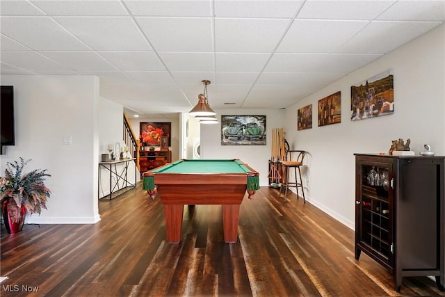 6868 Twin Oaks Ct, Canfield, OH 44406 - rec room featuring a paneled ceiling, baseboards, billiards, and wood finished floors