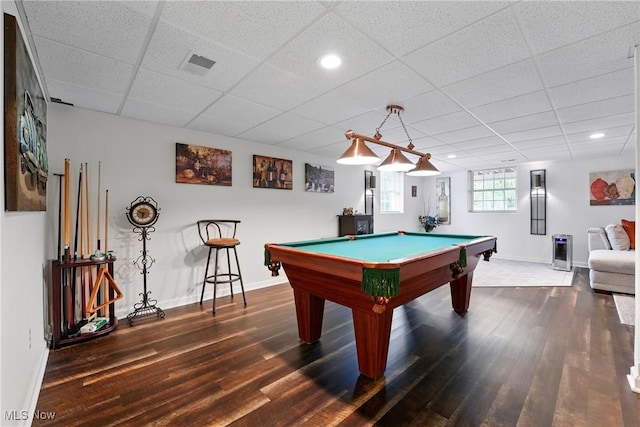 6868 Twin Oaks Ct, Canfield, OH 44406 - rec room featuring dark wood finished floors, baseboards, pool table, a paneled ceiling, and recessed lighting