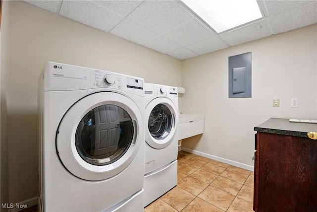 6868 Twin Oaks Ct, Canfield, OH 44406 - laundry area featuring washer and dryer, electric panel, light tile patterned floors, and baseboards