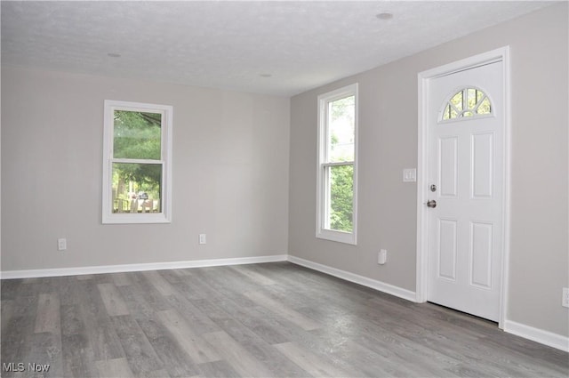 entrance foyer with wood finished floors, baseboards, and a textured ceiling