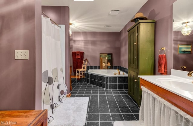 38 Choctaw Trl, Malvern, OH 44644 - bathroom featuring a garden tub, vanity, and a shower with shower curtain