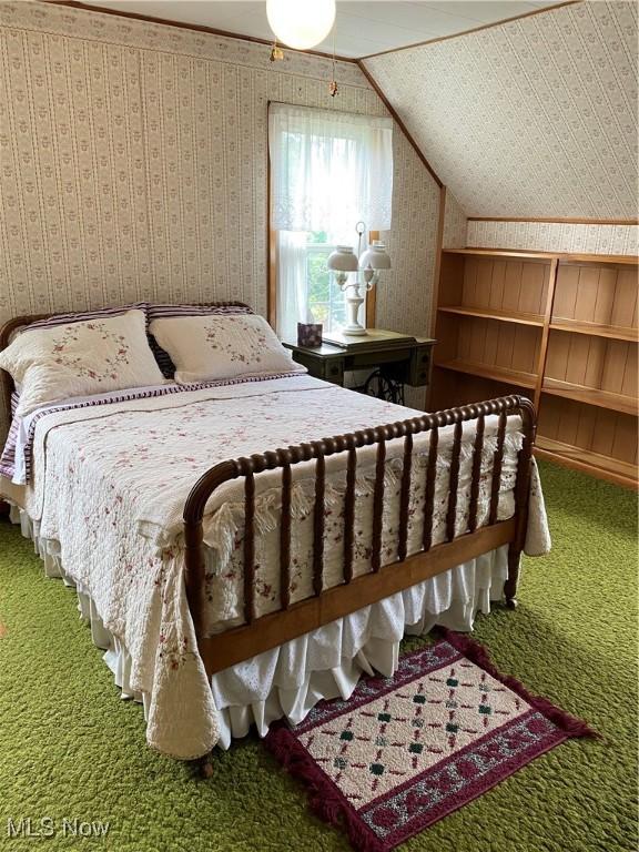 1912 Lisbon St, East Liverpool, OH 43920 - bedroom with carpet, wallpapered walls, and lofted ceiling