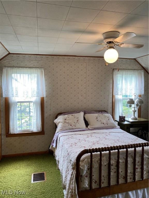 1912 Lisbon St, East Liverpool, OH 43920 - bedroom featuring baseboards, a ceiling fan, carpet flooring, and wallpapered walls