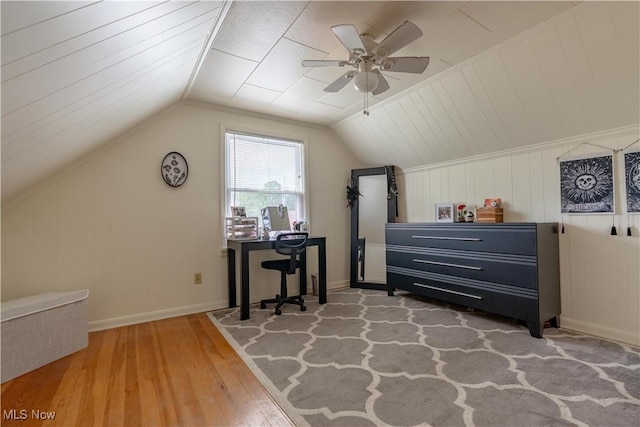 2930 Archwood Pl, Cuyahoga Falls, OH 44221 - office with hardwood / wood-style floors, lofted ceiling, a ceiling fan, baseboards, and a decorative wall