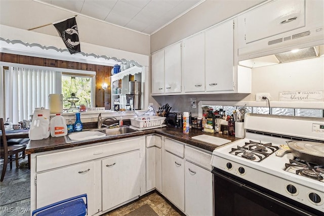 4202 Walter Ave, Parma, OH 44134 - kitchen featuring white gas range oven, a sink, white cabinetry, crown molding, and under cabinet range hood