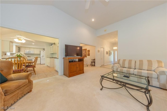 7626 Ellington Pl, Mentor, OH 44060 - living room featuring ceiling fan, high vaulted ceiling, light carpet, and recessed lighting