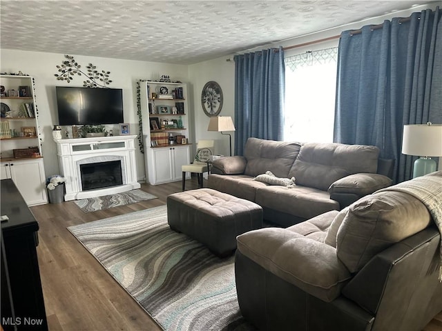 59010 Palmer St, Byesville, OH 43723 - living area featuring dark wood finished floors, a premium fireplace, and a textured ceiling