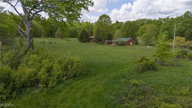 view of green lawn with a forest view and a view of countryside