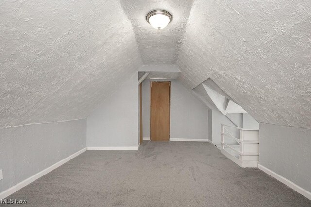 2205 W 85th St, Cleveland, OH 44102 - bonus room with a textured ceiling, carpet floors, vaulted ceiling, and baseboards