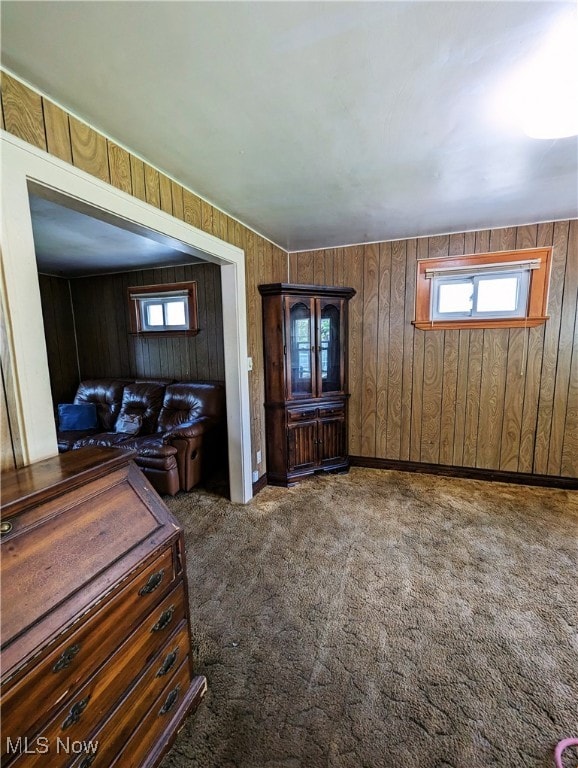 carpeted foyer entrance featuring wooden walls
