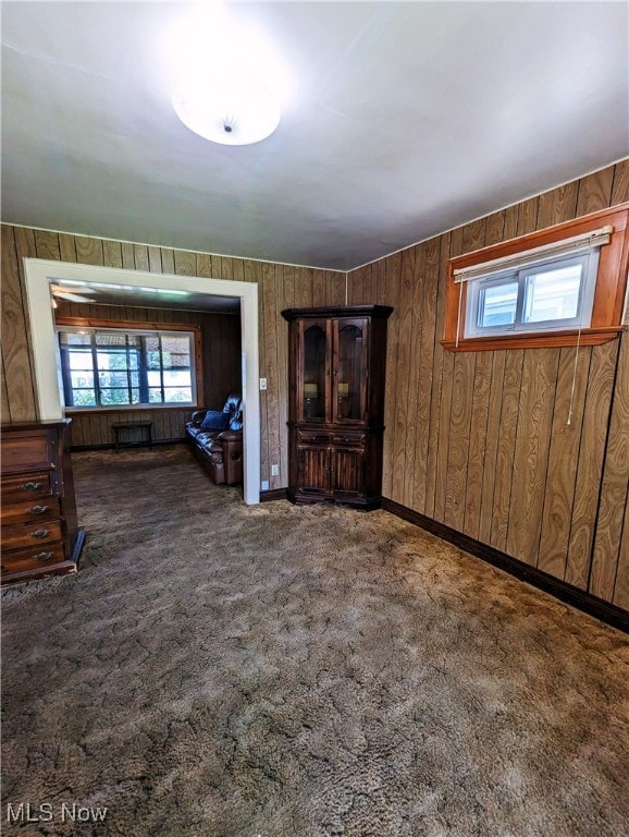 carpeted living area featuring plenty of natural light, wooden walls, and baseboards