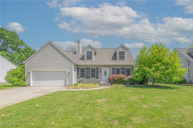 915 Devonshire Ave, Sheffield Lake, OH 44054 - cape cod house with concrete driveway, a garage, a front yard, and a chimney