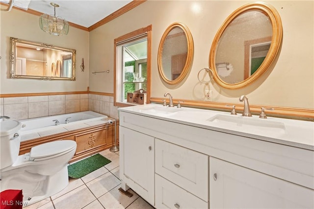 4723 Walnut St, Mantua, OH 44255 - full bathroom featuring ornamental molding, tile patterned flooring, toilet, a bath, and double vanity