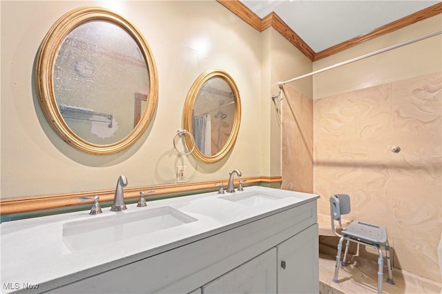 4723 Walnut St, Mantua, OH 44255 - full bath with crown molding, double vanity, and a shower with curtain