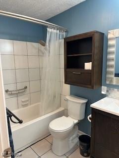 bathroom featuring a textured ceiling, tile patterned flooring, toilet, vanity, and shower / bath combo