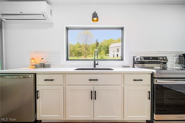4059 Township Road 271, Killbuck, OH 44637 - bar featuring stainless steel appliances, a sink, a wall unit AC, and decorative backsplash