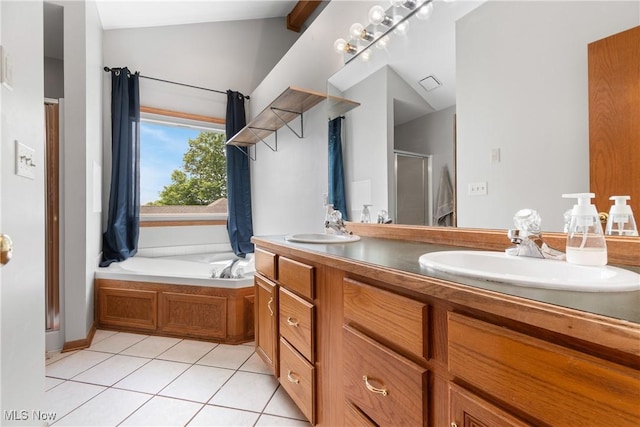 bathroom with lofted ceiling, a stall shower, tile patterned flooring, a bath, and double vanity