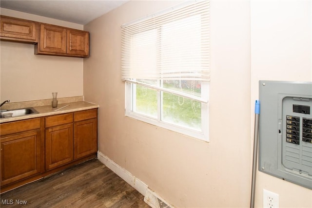 kitchen with brown cabinetry, electric panel, a sink, dark wood-type flooring, and light countertops