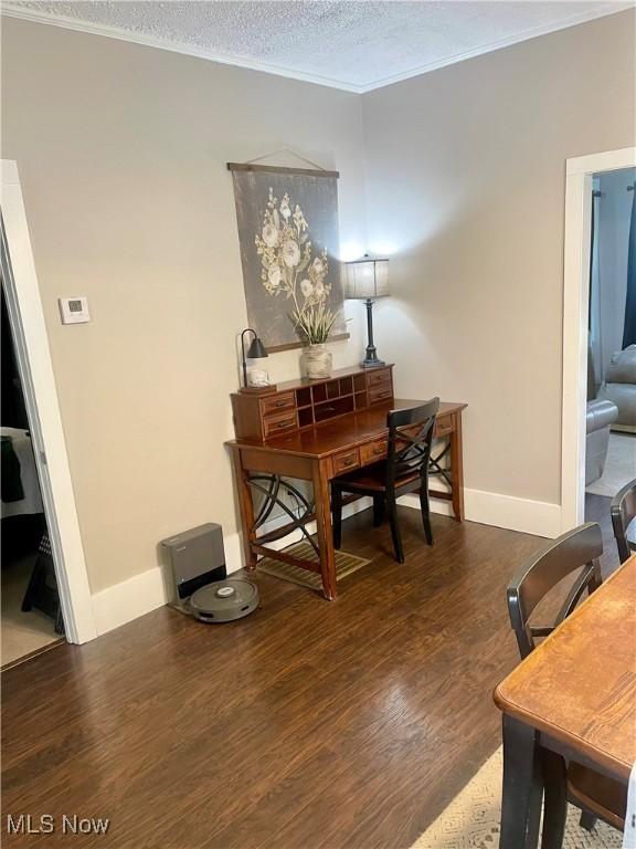 1726 Covert St, Parkersburg, WV 26101 - office area featuring baseboards, wood finished floors, crown molding, and a textured ceiling