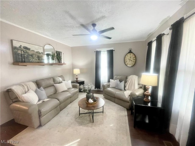 1726 Covert St, Parkersburg, WV 26101 - living room with a ceiling fan, a textured ceiling, crown molding, and wood finished floors