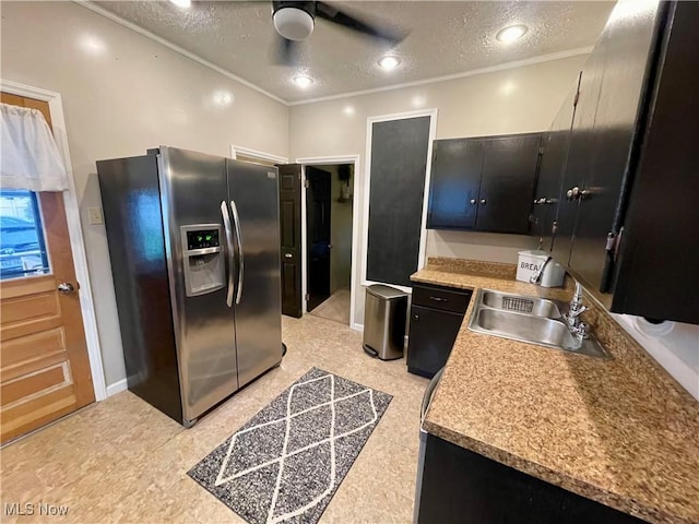 1726 Covert St, Parkersburg, WV 26101 - kitchen with stainless steel fridge with ice dispenser, a sink, a textured ceiling, ceiling fan, and ornamental molding