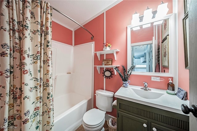 7214 Ridge Ave, Conneaut, OH 44030 - full bathroom featuring crown molding, toilet, shower / bath combo, and vanity