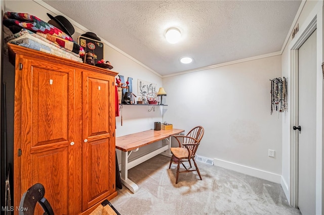 7214 Ridge Ave, Conneaut, OH 44030 - office area with light carpet, crown molding, a textured ceiling, and baseboards