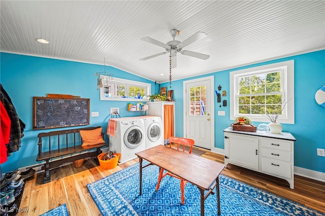 7214 Ridge Ave, Conneaut, OH 44030 - laundry room featuring washing machine and dryer, ceiling fan, wood finished floors, wood ceiling, and baseboards