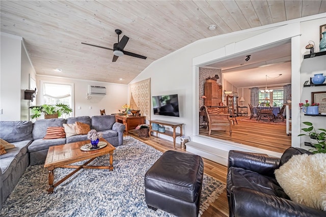 7214 Ridge Ave, Conneaut, OH 44030 - living room with wood finished floors, vaulted ceiling, wood ceiling, a ceiling fan, and an AC wall unit