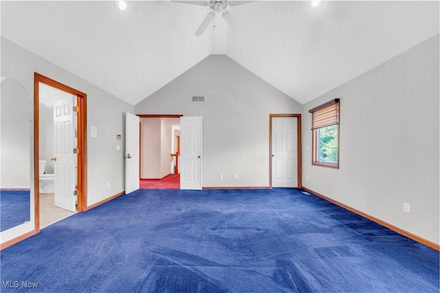 2736 Green Rd, Shaker Heights, OH 44122 - unfurnished bedroom featuring baseboards, carpet flooring, ensuite bathroom, high vaulted ceiling, and ceiling fan