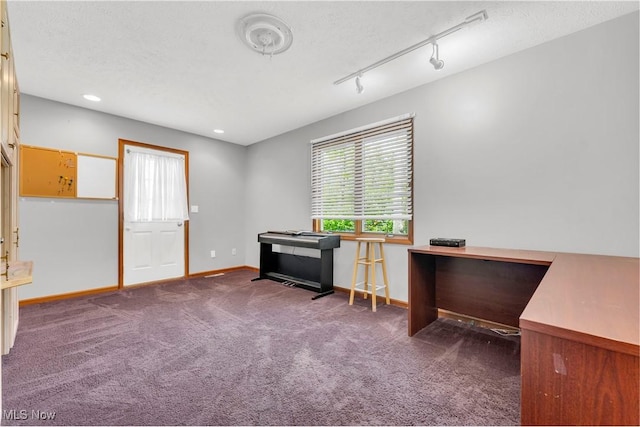 2736 Green Rd, Shaker Heights, OH 44122 - home office featuring carpet, baseboards, recessed lighting, a textured ceiling, and rail lighting