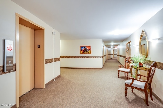 hall featuring light colored carpet and elevator