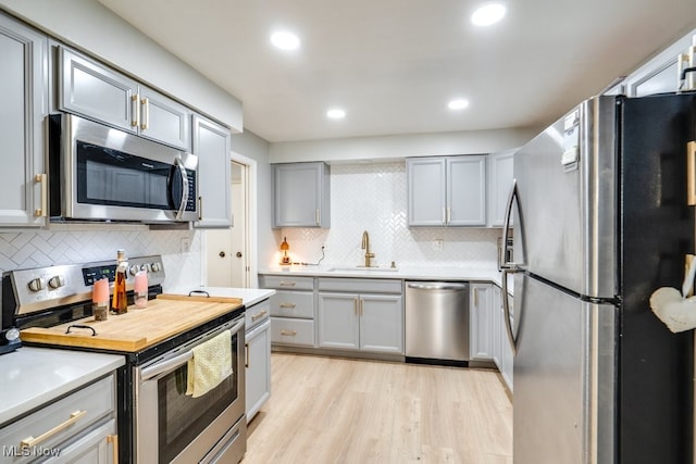 kitchen featuring appliances with stainless steel finishes, a sink, gray cabinetry, light wood-style floors, and backsplash