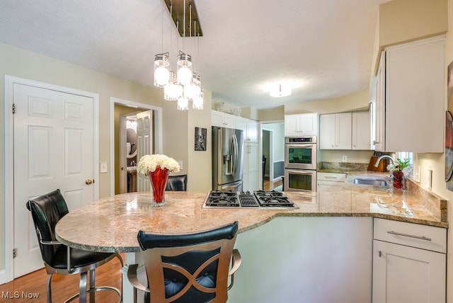 139 Elm Ct, Chagrin Falls, OH 44022 - kitchen with stainless steel appliances, a sink, a peninsula, light stone counters, and light wood-style flooring