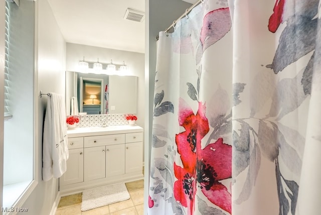 139 Elm Ct, Chagrin Falls, OH 44022 - bathroom with backsplash, tile patterned flooring, vanity, and curtained shower