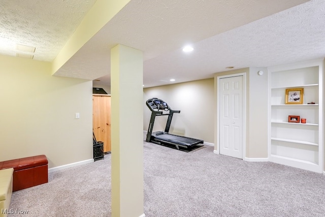 139 Elm Ct, Chagrin Falls, OH 44022 - workout area with carpet, a textured ceiling, built in features, baseboards, and recessed lighting